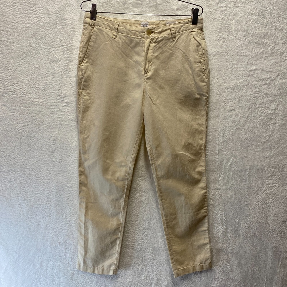 Gap Girlfriend Chino Pants Linen Blend Womens 4 Beige Cotton Mid Rise Flat Front